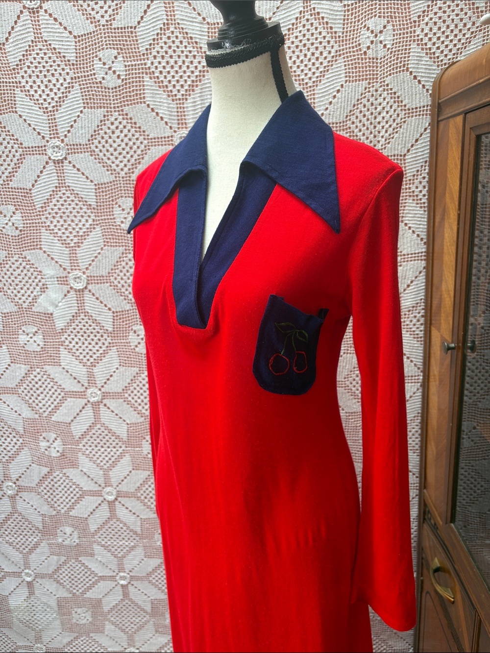 Women's Red Maxi Dress with Navy Collar - Picture 2 of 11